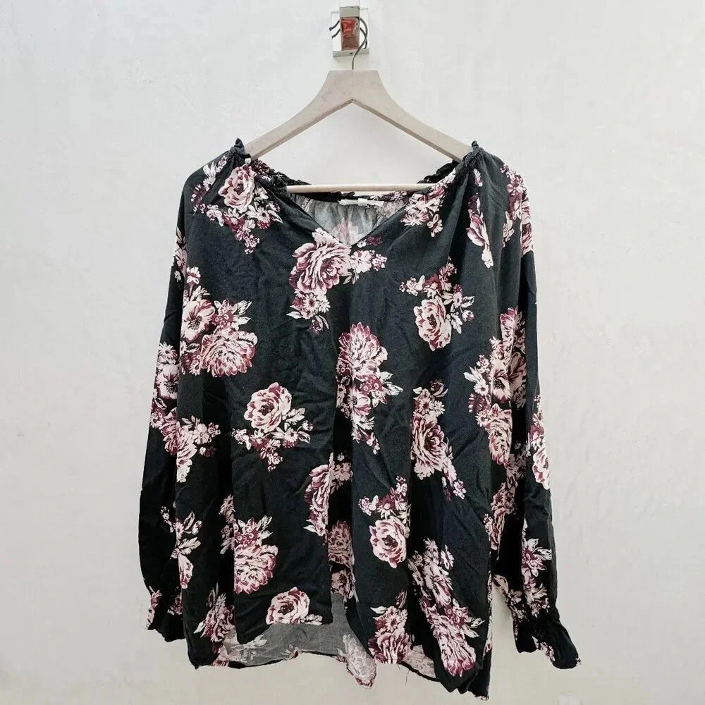 C&C California || Women's Botanica Soft V Neck Blouse Top Black Pink 2X